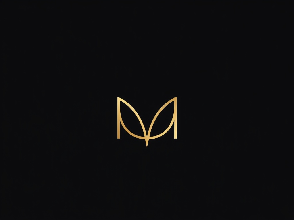 Minimalist line art logo mark of a stylized 'M' integrated with a leaf shape, on a dark background, metallic gold finish, 8k photorealistic commercial photography